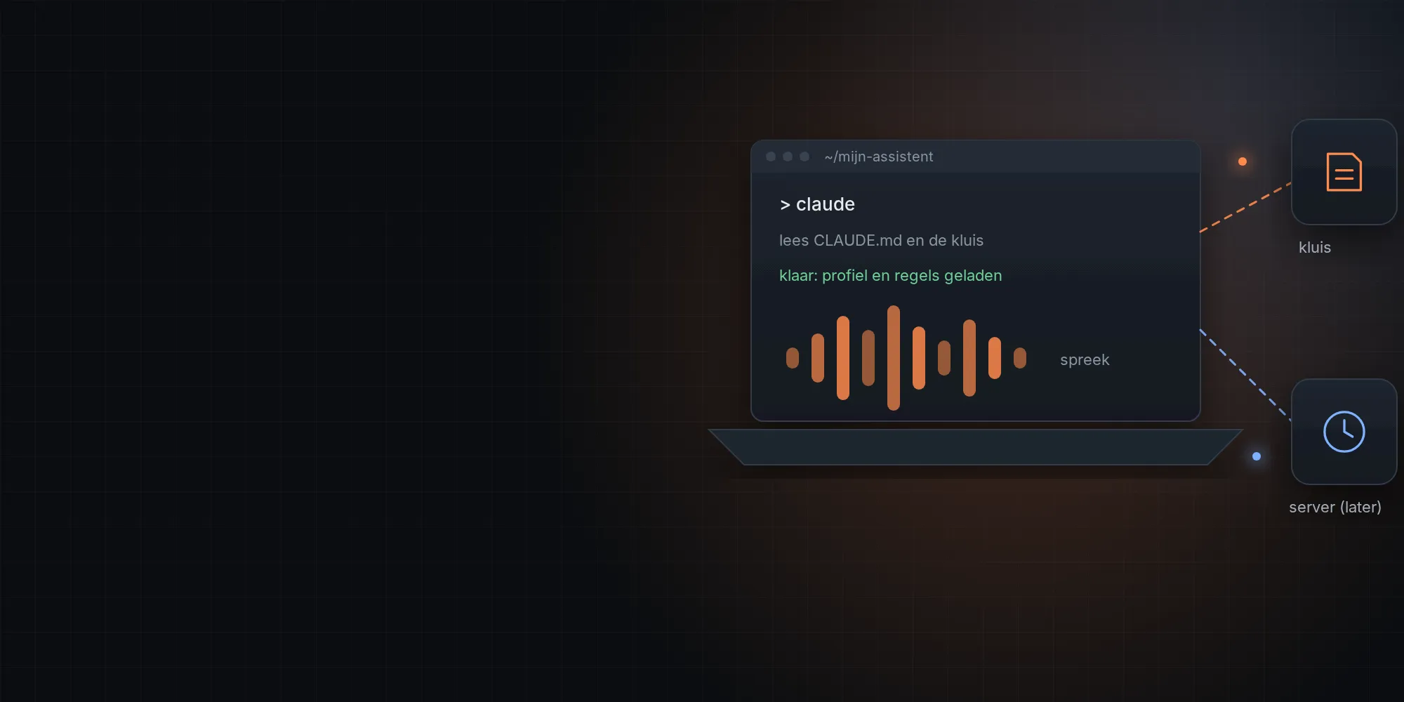 Illustratie: een laptop met een sessie van de assistent en een geluidsgolf, verbonden met een kluis en een server