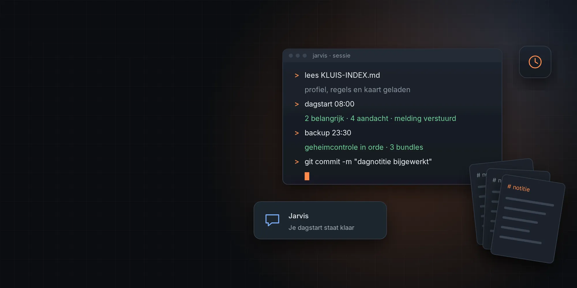 Illustratie: terminal van Jarvis met de dagstart en backup, notities uit de kluis en een melding in Telegram