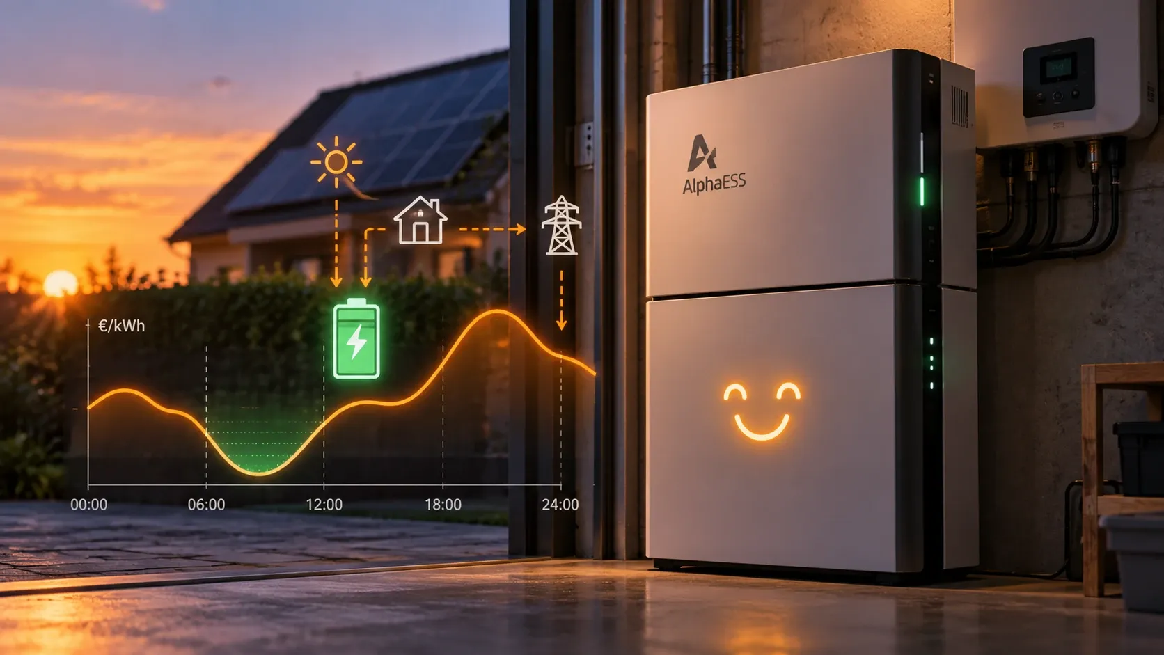 Thuisbatterij van AlphaESS in een garage bij zonsondergang, met een prijscurve over de dag waarin de goedkoopste uren groen zijn